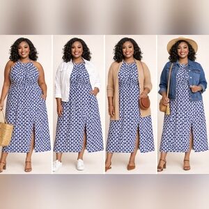 Ava & Viv Blue & White Halter Midi Dress | 3X | NWT | Linen Blend